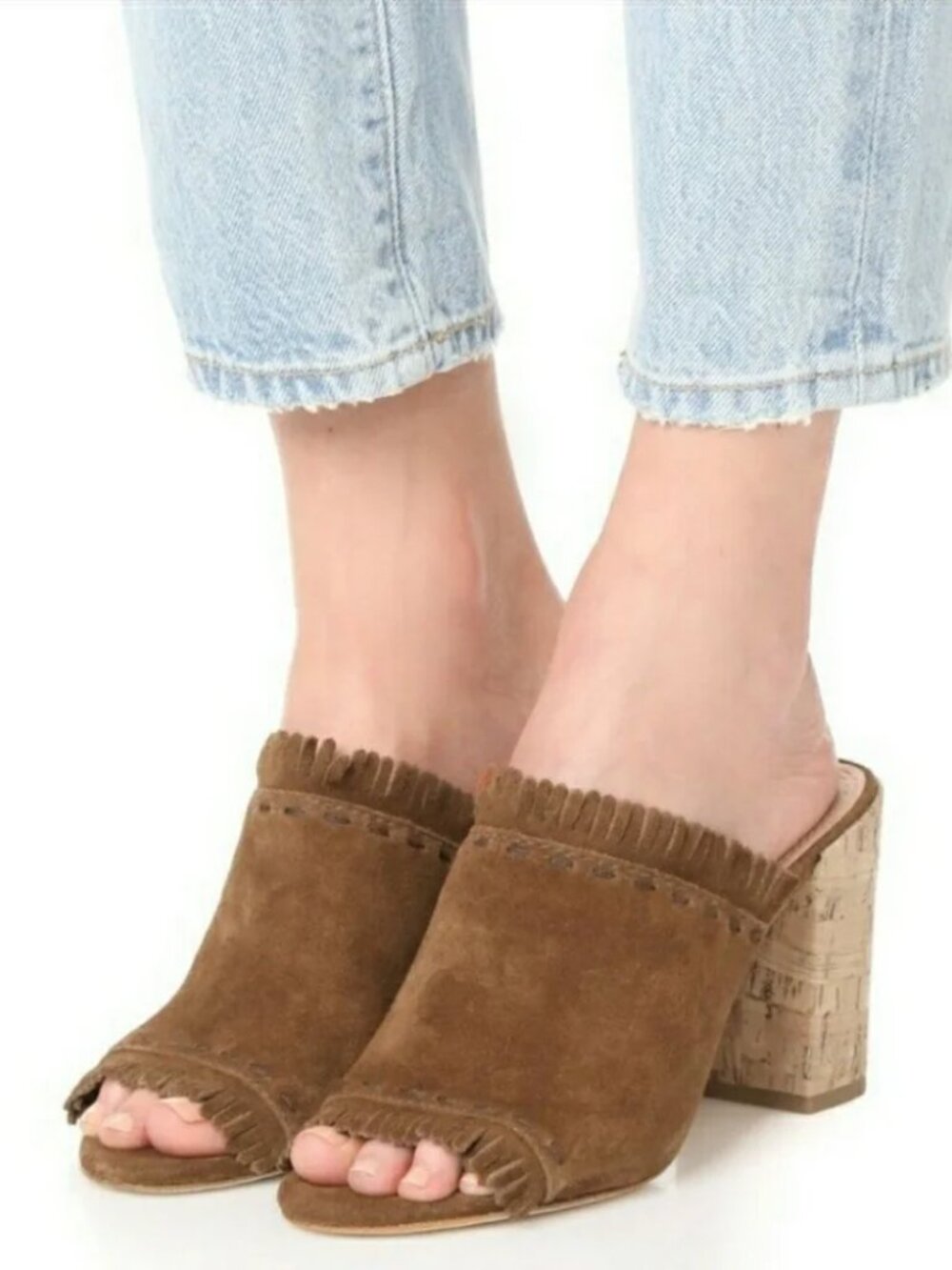Tory Burch Huntington Festival Brown suede fringe mule sandal heel shoes 5.5 M